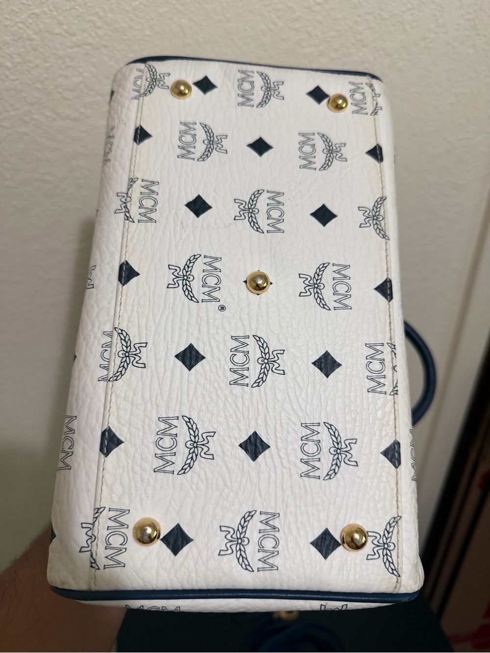 MCM White Logo Satchel with Blue Trim and Gold Hardware - Picture 5 of 6